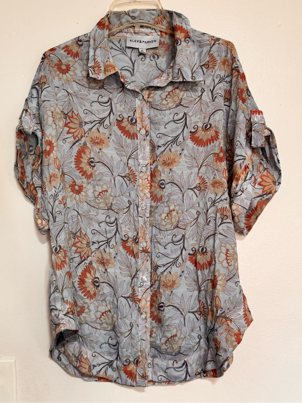 Alex & Parker Floral Button Down Short Sleeve Blouse Size XL